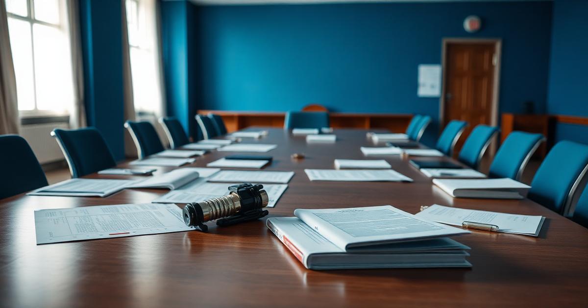 Sala de reunião institucional com processos e documentos sobre a mesa, representando o julgamento de recursos por junta administrativa