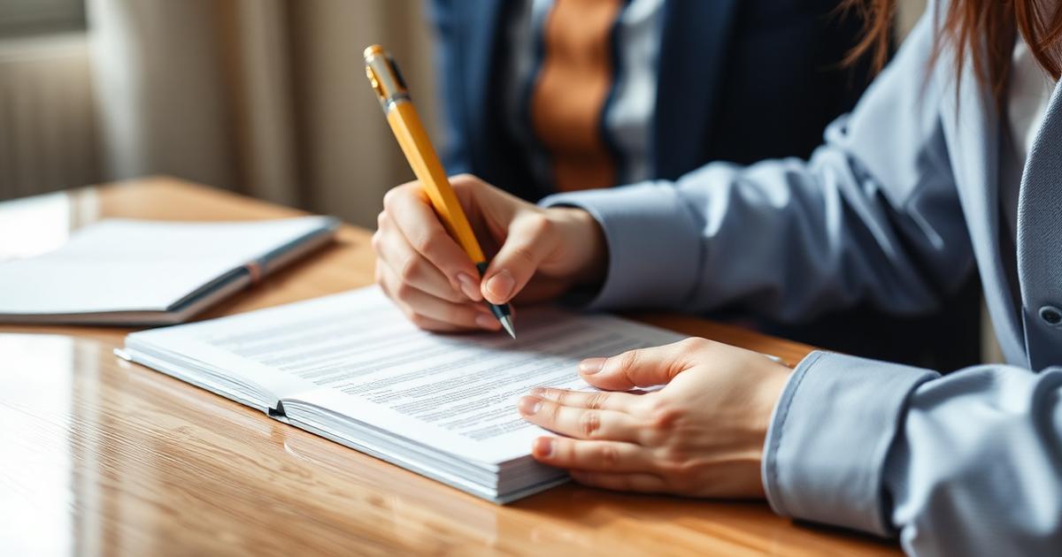 Atendimento em escritório com assinatura de documentos sobre a mesa